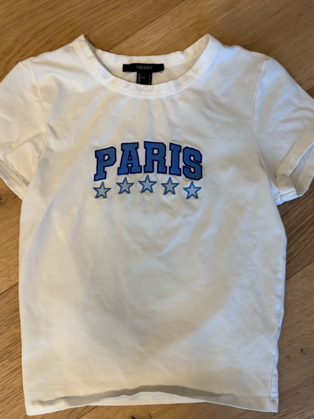 Forever 21 White 'PARIS' Graphic Tee with Blue Stars